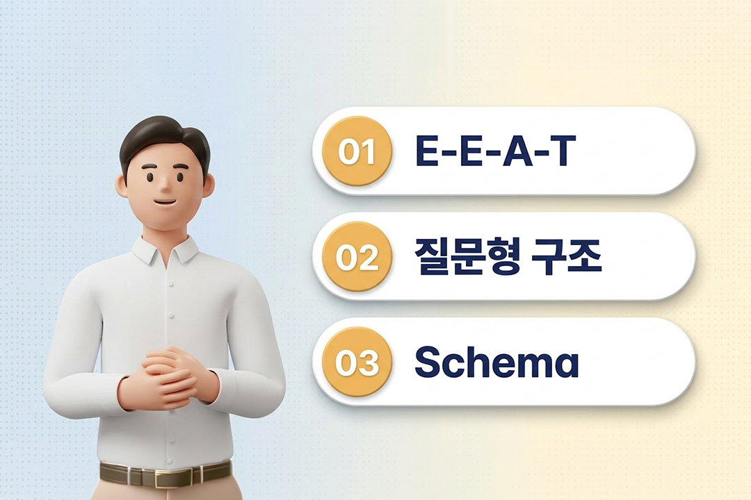 구글 AI Overview 콘텐츠 인용 조건 E-E-A-T Schema 마크업 인포그래픽 원플랜마케팅