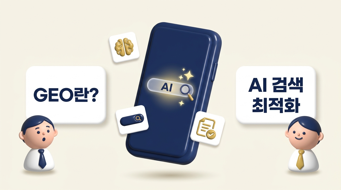 GEO란 AI 검색 최적화 개념을 소개하는 대표 썸네일 이미지. 네이비 스마트폰 화면에 AI 검색바와 반짝이 효과, 좌우 캐릭터 말풍선에 AI 검색 최적화 개념 텍스트 배치 — 원플랜마케팅