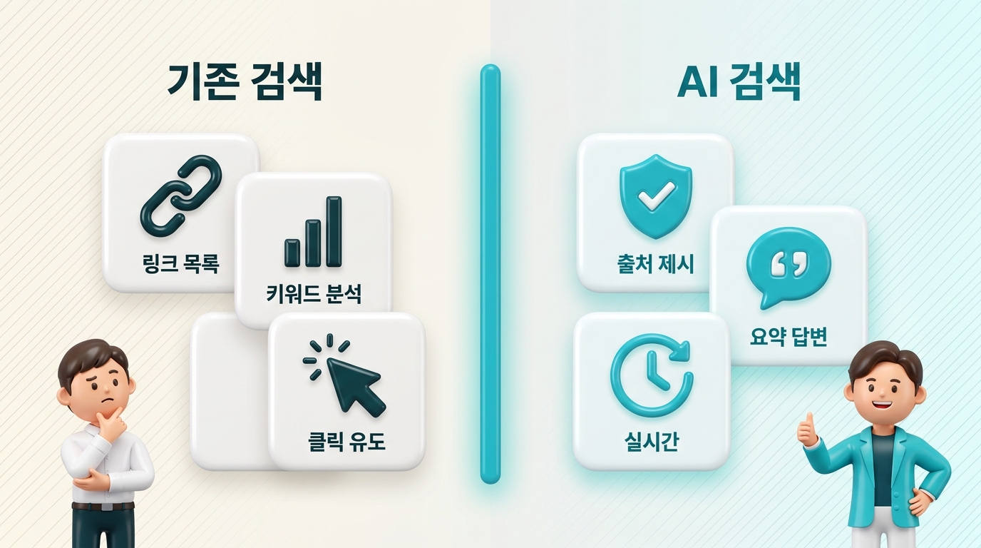 Perplexity란 AI 검색 엔진 장단점 냉정 평가 3D 인포그래픽. 터콰이즈 구분선 기준 왼쪽 장점 아이콘 카드, 오른쪽 한계 아이콘 카드와 반응하는 직장인 캐릭터 구성 — 원플랜마케팅