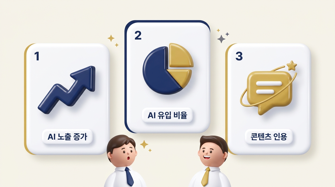 GEO 전략 도입 후 성과를 3장의 카드로 시각화한 인포그래픽. AI 노출 증가(상승 화살표), AI 유입 비율(파이차트), 콘텐츠 인용 증가(말풍선) 3D 아이콘 카드 — 원플랜마케팅