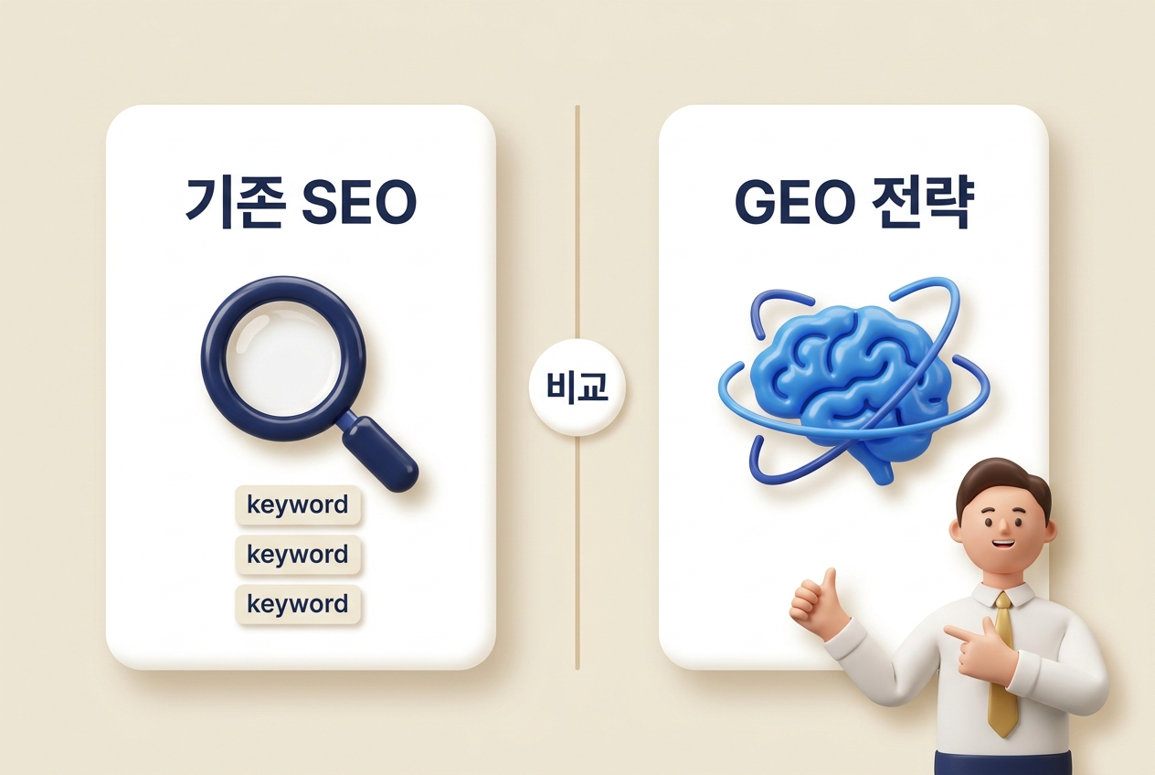 GEO 콘텐츠 마케팅 vs 기존 SEO 개념 비교 3D 인포그래픽. 기존 SEO·GEO 전략 좌우 카드 비교 배치와 엄지 척 직장인 캐릭터 구성 — 원플랜마케팅