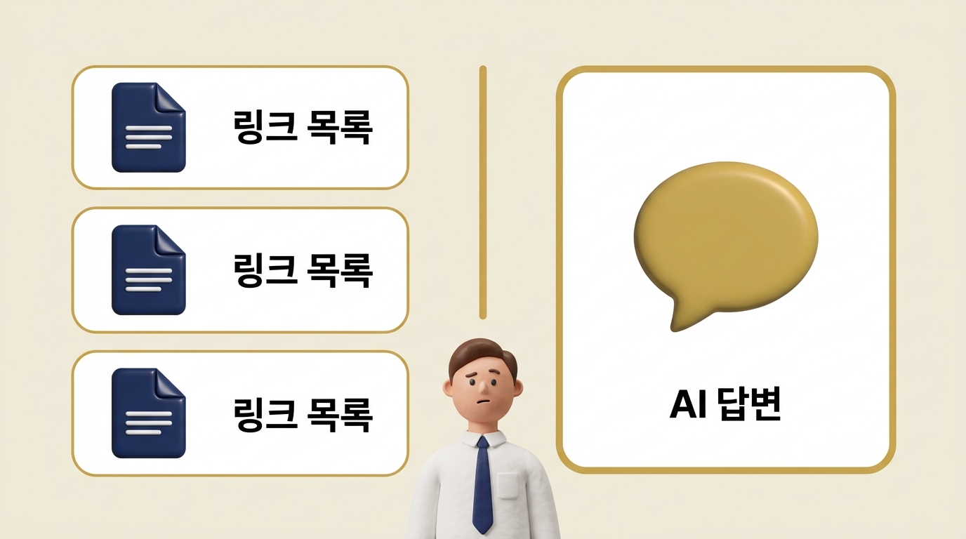 AI 검색 차이 — 링크 목록 vs AI 단일 답변 구조 링크 목록 제공하는 전통 검색과 단일 답변 생성하는 AI 검색 구조 비교 - 원플랜마케팅