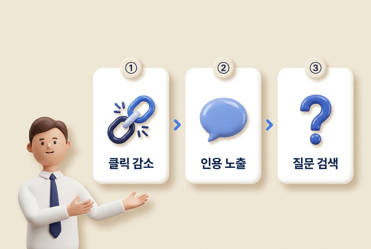 GEO 콘텐츠 마케팅 AI 검색 소비 변화 3가지 3D 인포그래픽. 클릭 감소·인용 노출·질문 검색 3장 수평 카드 배치와 양팔 벌린 직장인 캐릭터 구성 — 원플랜마케팅