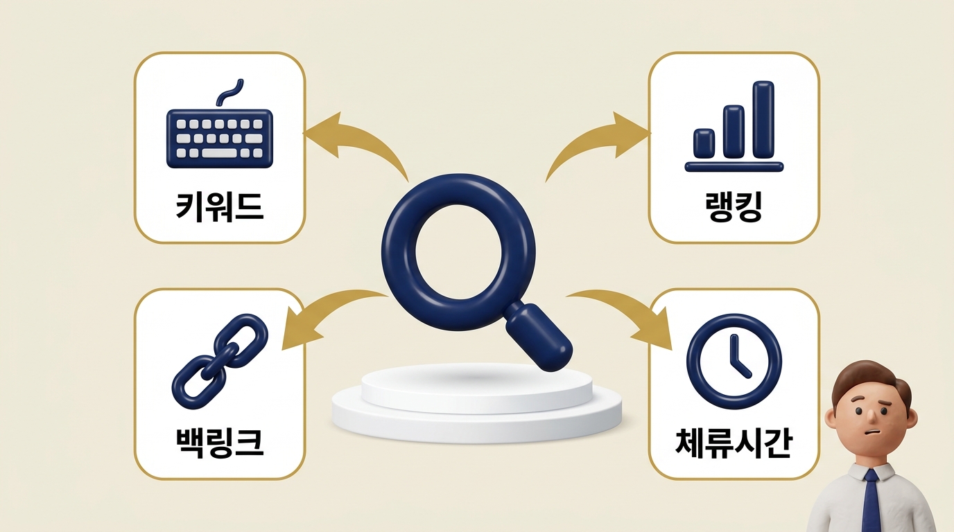 구글·네이버 작동 방식 — 키워드·랭킹 알고리즘 4요소 구글·네이버 랭킹 알고리즘 키워드·백링크·체류시간·순위 요소 인포그래픽 - 원플랜마케팅