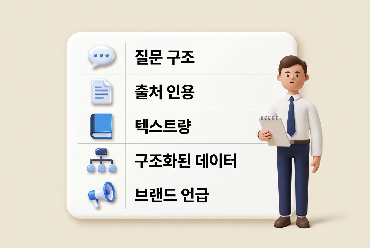 GEO 콘텐츠 마케팅 실전 전략 5가지 체크리스트 3D 인포그래픽. 질문 구조·출처 인용·텍스트량·구조화 데이터·브랜드 언급 5행 카드와 메모지 든 직장인 캐릭터 구성 — 원플랜마케팅