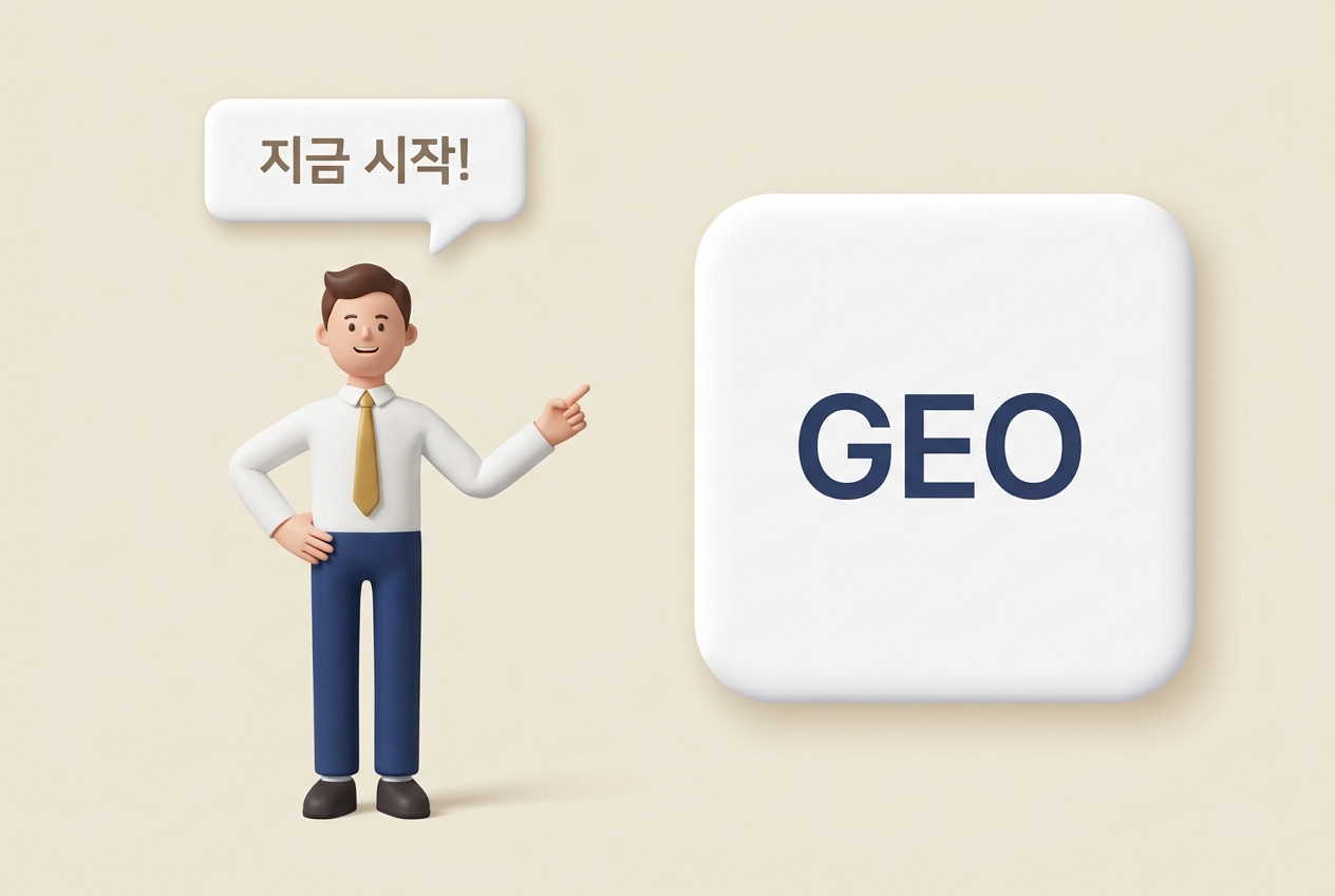 GEO 콘텐츠 마케팅 지금 시작 촉구 3D 인포그래픽. 지금 시작 말풍선 카드·GEO 카드 배치와 손가락 가리키는 자신감 있는 직장인 캐릭터 구성 — 원플랜마케팅