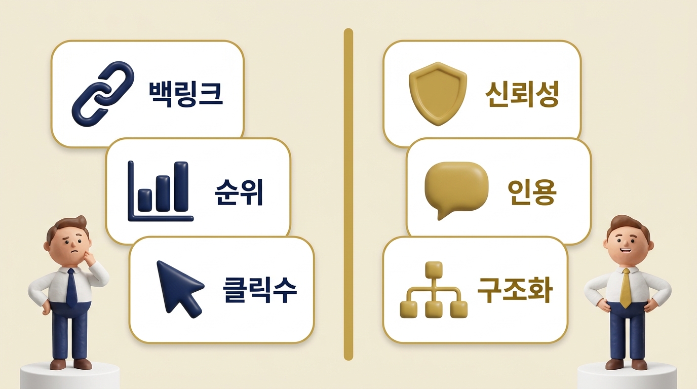 SEO vs GEO 전략 비교 — 마케터가 알아야 할 핵심 차이 SEO 백링크·순위·클릭수와 GEO 신뢰성·인용·구조화 전략 비교 인포그래픽 - 원플랜마케팅