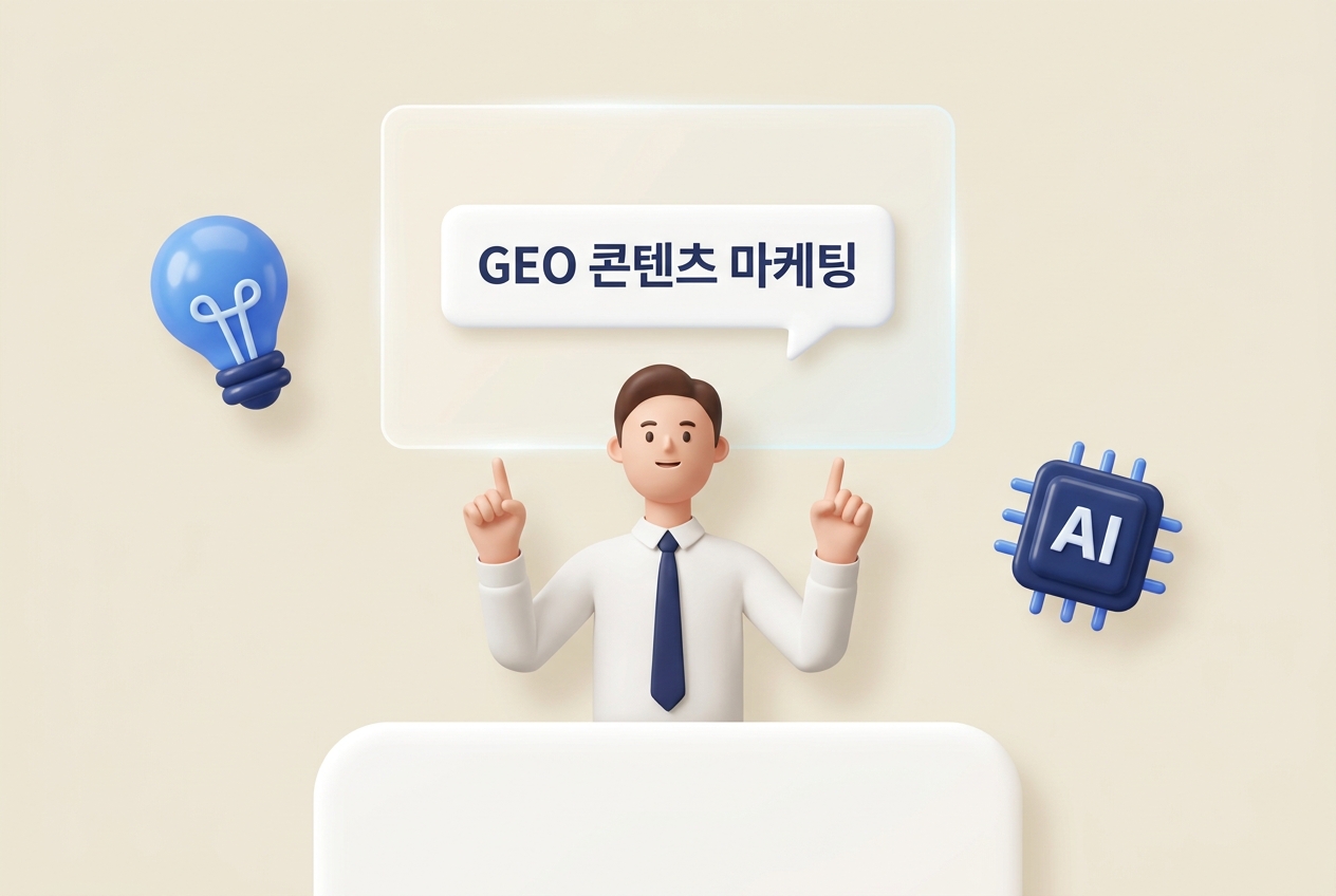 GEO 콘텐츠 마케팅 AI 마케팅 입문 썸네일 3D 인포그래픽. 홀로그램 화면 가리키는 직장인 캐릭터와 전구·AI칩 아이콘 배치 구성 — 원플랜마케팅