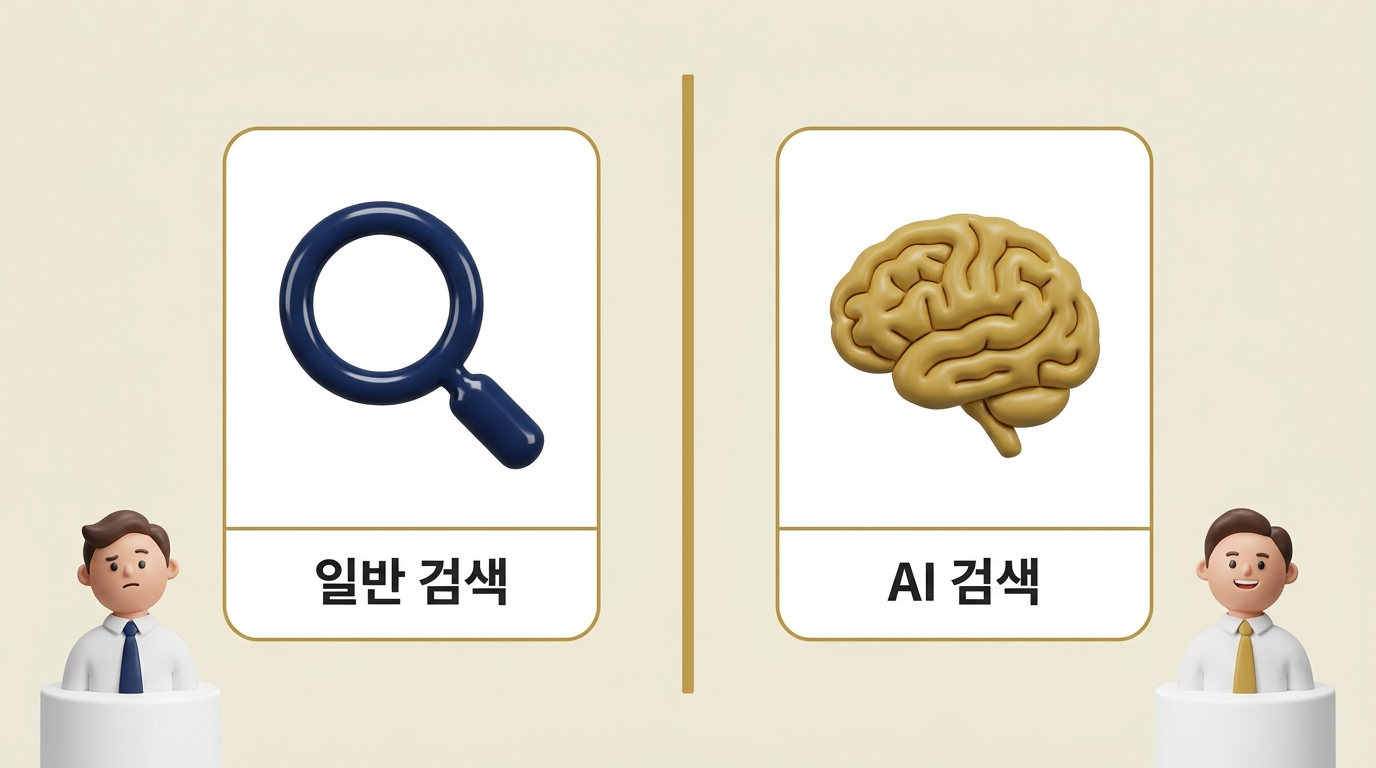 AI 검색 차이 — 일반 검색 vs AI 검색 핵심 비교 일반 검색과 AI 검색 차이 비교 인포그래픽 - 원플랜마케팅