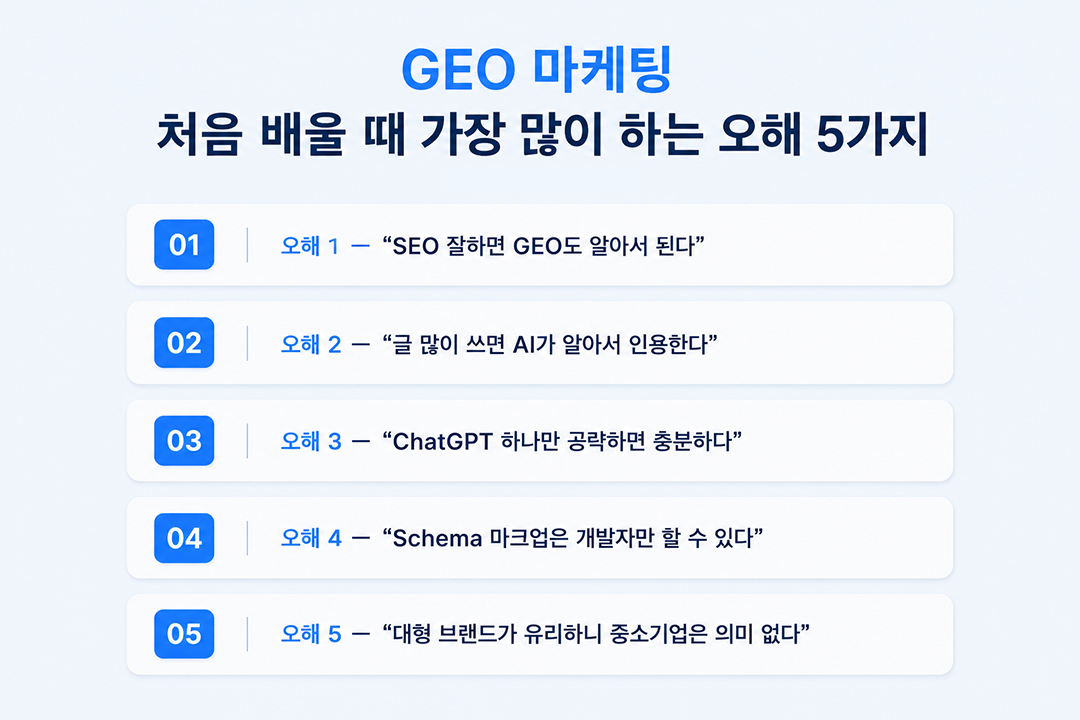 GEO 마케팅 오해 5가지 목록 인포그래픽 원플랜마케팅