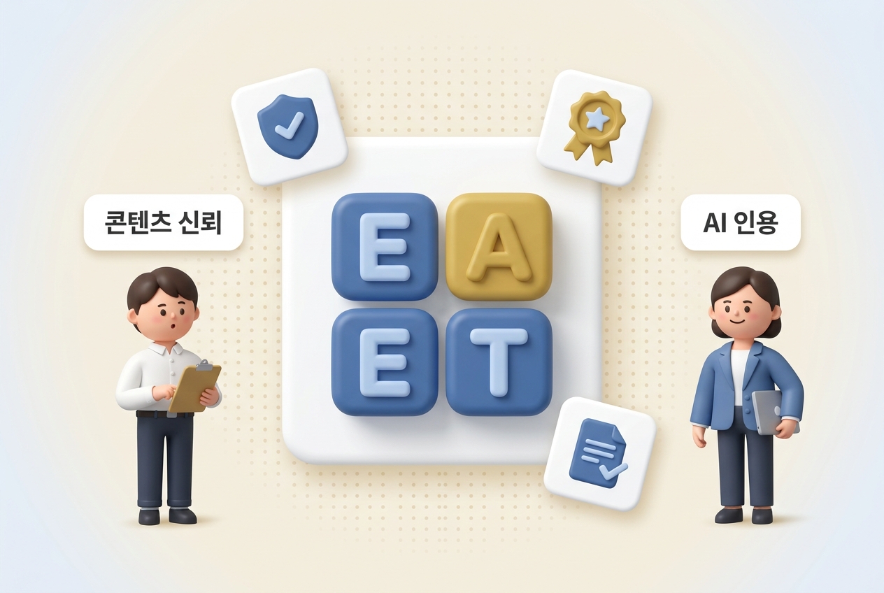 EEAT 4가지 요소 경험·전문성·권위성·신뢰성 2×2 카드 그리드 3D 인포그래픽. 블루·골드 무광 아이콘과 골드 다이아몬드 연결 아이콘, 직장인 포인팅 캐릭터 구성 — 원플랜마케팅