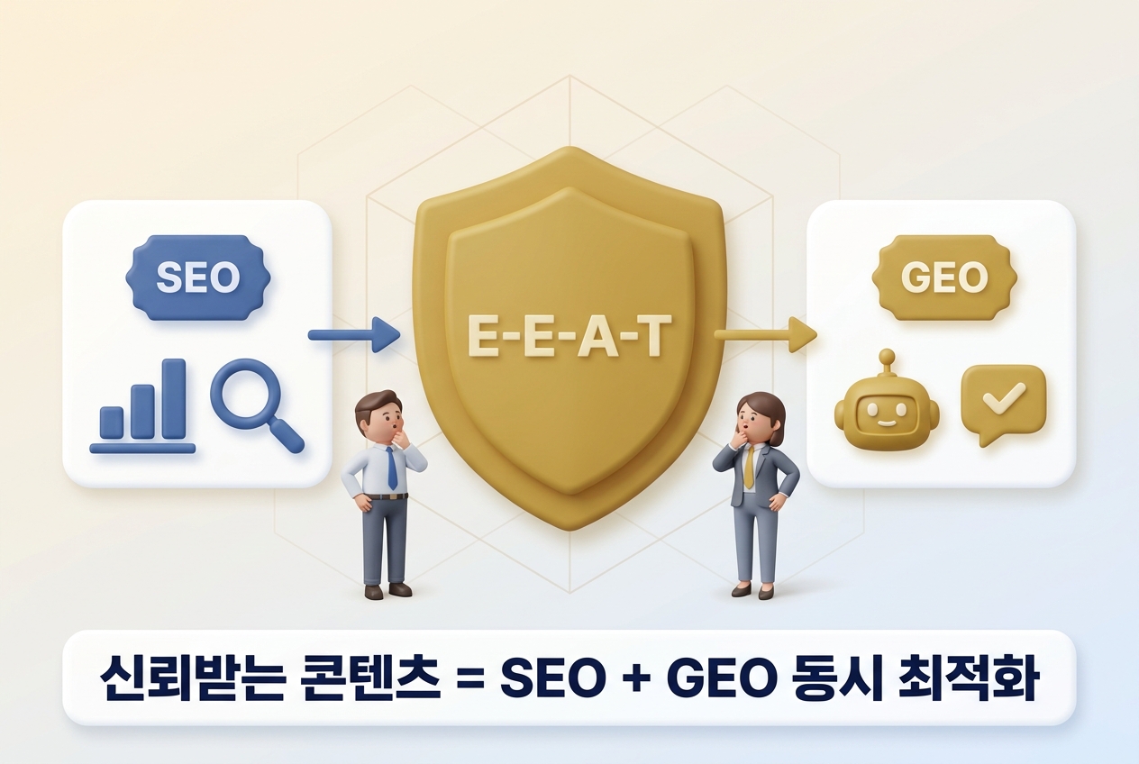 EEAT SEO·GEO 공통 콘텐츠 품질 기준 연결 3D 인포그래픽. 골드 실드 히어로 중심으로 SEO·GEO 카드가 블루·골드 화살표로 연결된 직장인 캐릭터 구성 — 원플랜마케팅