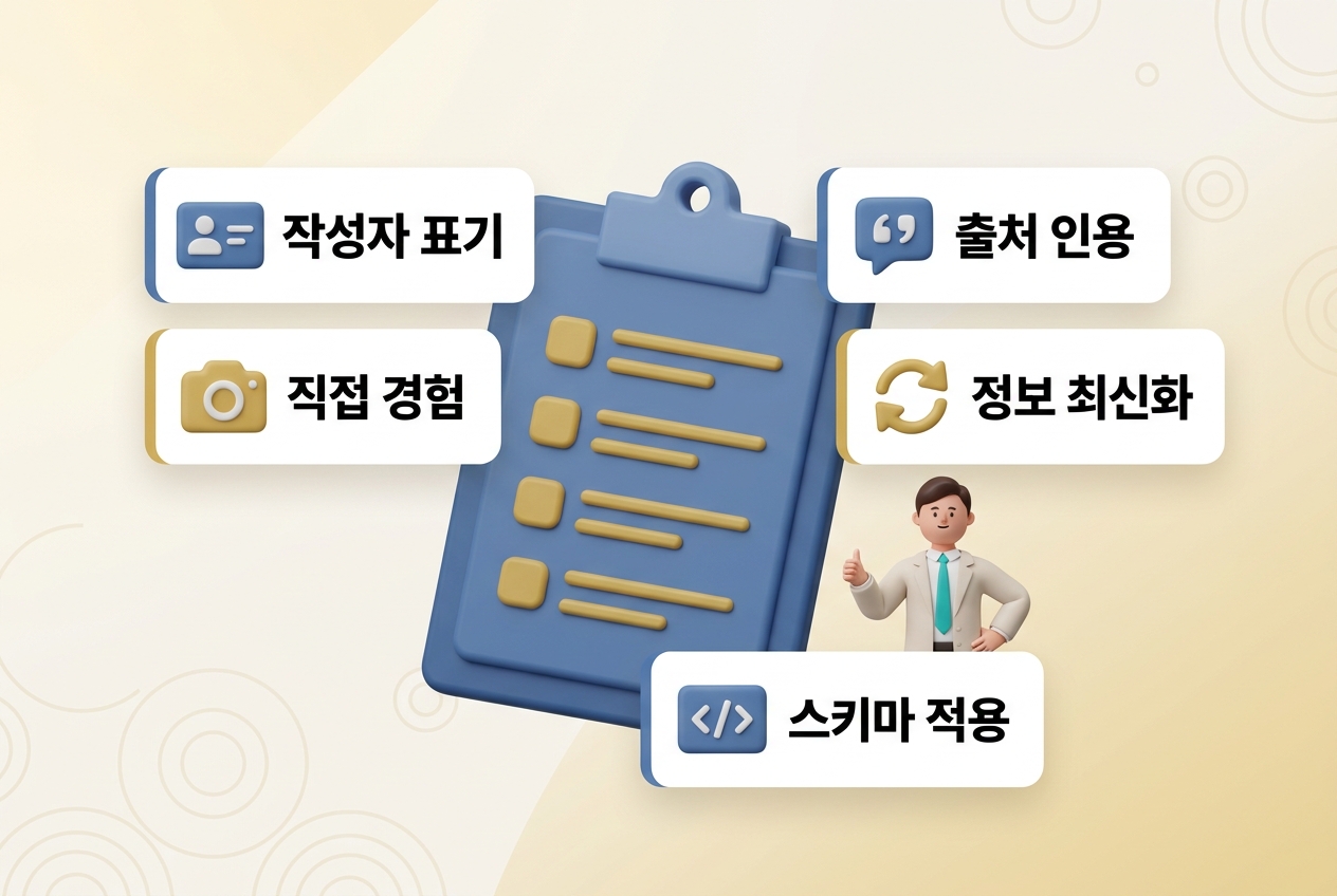 EEAT 실전 적용 5가지 체크리스트 3D 인포그래픽. 스틸블루 클립보드 히어로 중심에 작성자 표기·직접 경험·출처 인용·정보 최신화·스키마 적용 플로팅 카드 구성 — 원플랜마케팅