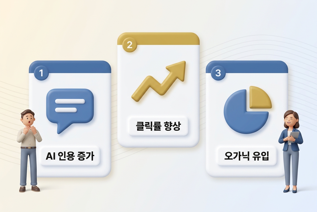 EEAT 전략 도입 성과 3대 지표 3D 인포그래픽. AI 인용 증가·클릭률 향상·오가닉 유입 3장 수평 카드 배치와 흥분·미소 반응하는 직장인 캐릭터 양쪽 배치 구성 — 원플랜마케팅