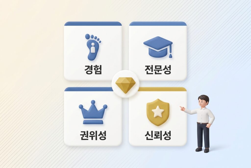 EEAT 개념 소개 대표 썸네일 3D 무광 일러스트. E·E·A·T(EEAT) 레터블록 카드 중심, 좌우 초보 직장인 캐릭터와 방패·별·문서 무광 플라스틱 아이콘 플로팅 구성 — 원플랜마케팅