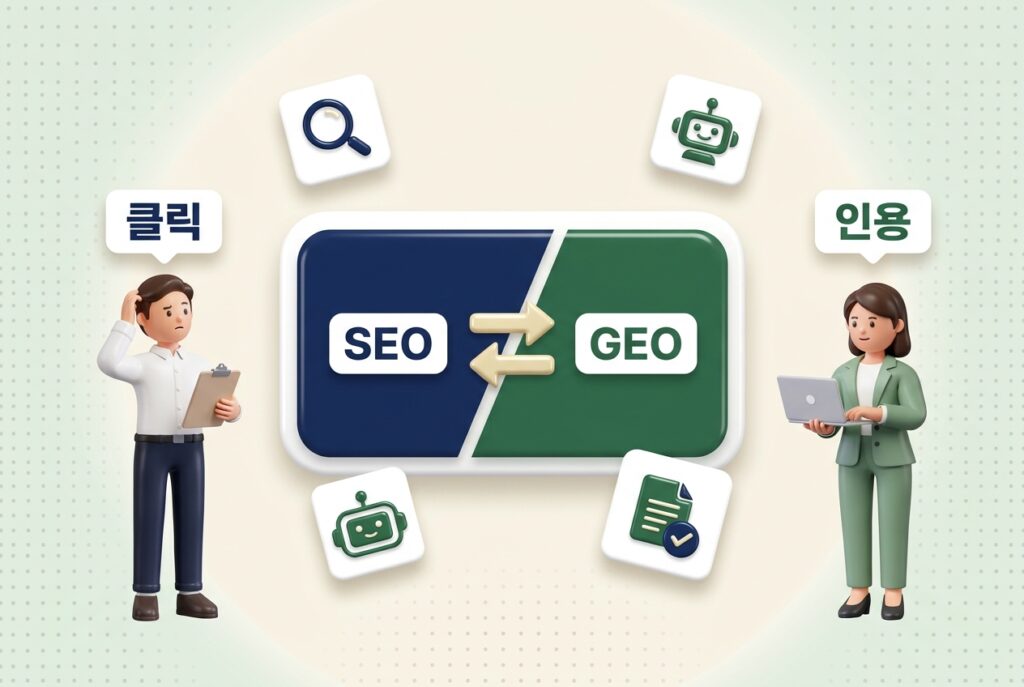 GEO SEO 차이 비교 완전 가이드 대표 썸네일 3D 일러스트. 네이비 SEO와 포레스트 그린 GEO 좌우 분할 카드, 좌우 초보 직장인 캐릭터와 플로팅 아이콘 카드 구성 — 원플랜마케팅