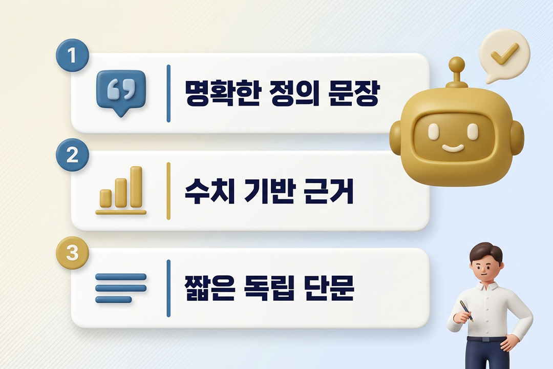 GEO 글쓰기 구조 AI 인용 문장 3가지 조건 3D 무광 인포그래픽. 정의 문장·수치 기반 근거·짧은 독립 문장 번호 카드와 골드 AI 로봇 인용 선택 아이콘 구성 — 원플랜마케팅
