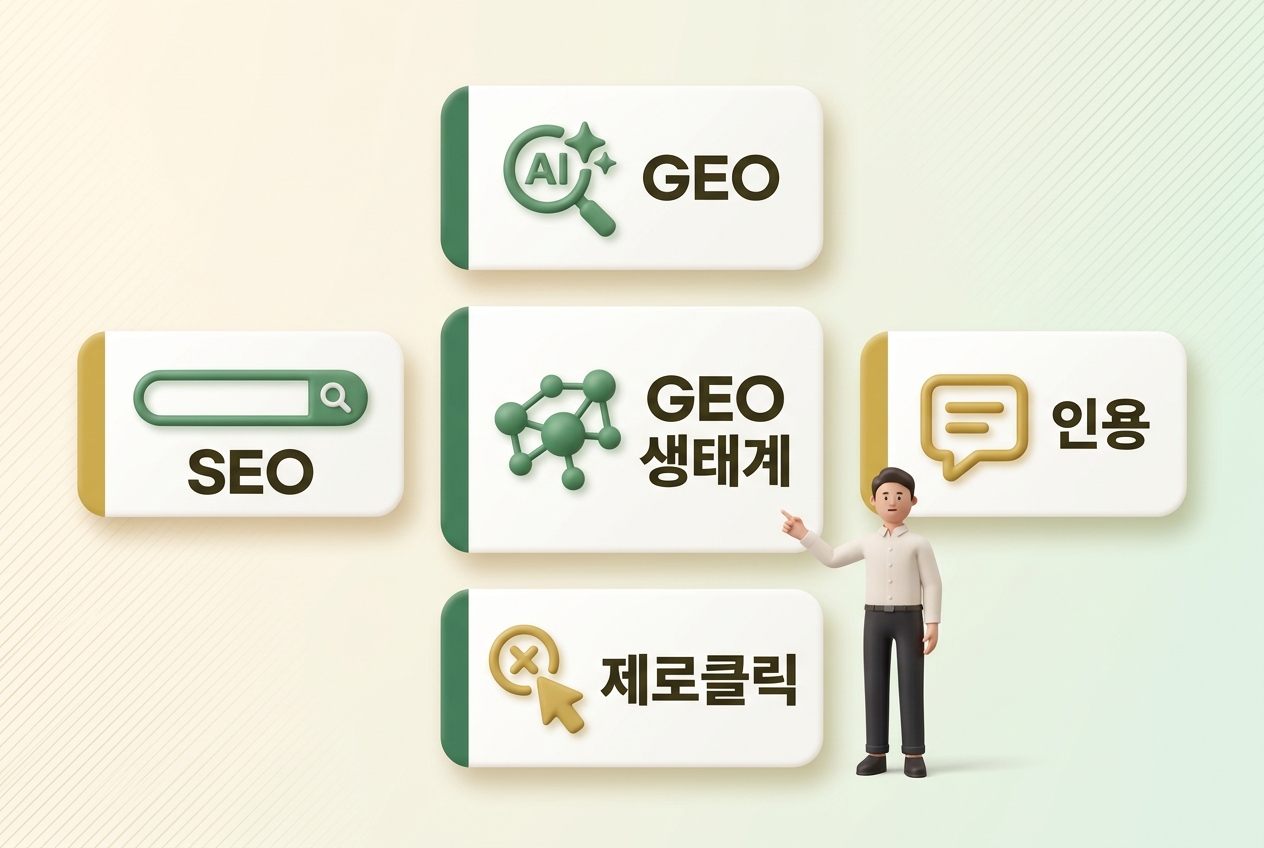 GEO 기초 용어 핵심 5가지 카드 인포그래픽. GEO·SEO·GEO생태계·인용·제로클릭 3D 무광 초록·골드 아이콘 카드와 인용 카드 포인팅하는 흰 셔츠 직장인 캐릭터 — 원플랜마케팅