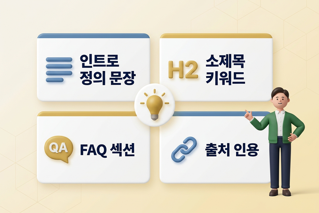 GEO 글쓰기 구조 콘텐츠 설계 4원칙 2×2 카드 3D 무광 인포그래픽. 인트로 정의 문장·소제목 키워드·FAQ 섹션·출처 인용 블루·골드 카드 포인팅 직장인 구성 — 원플랜마케팅