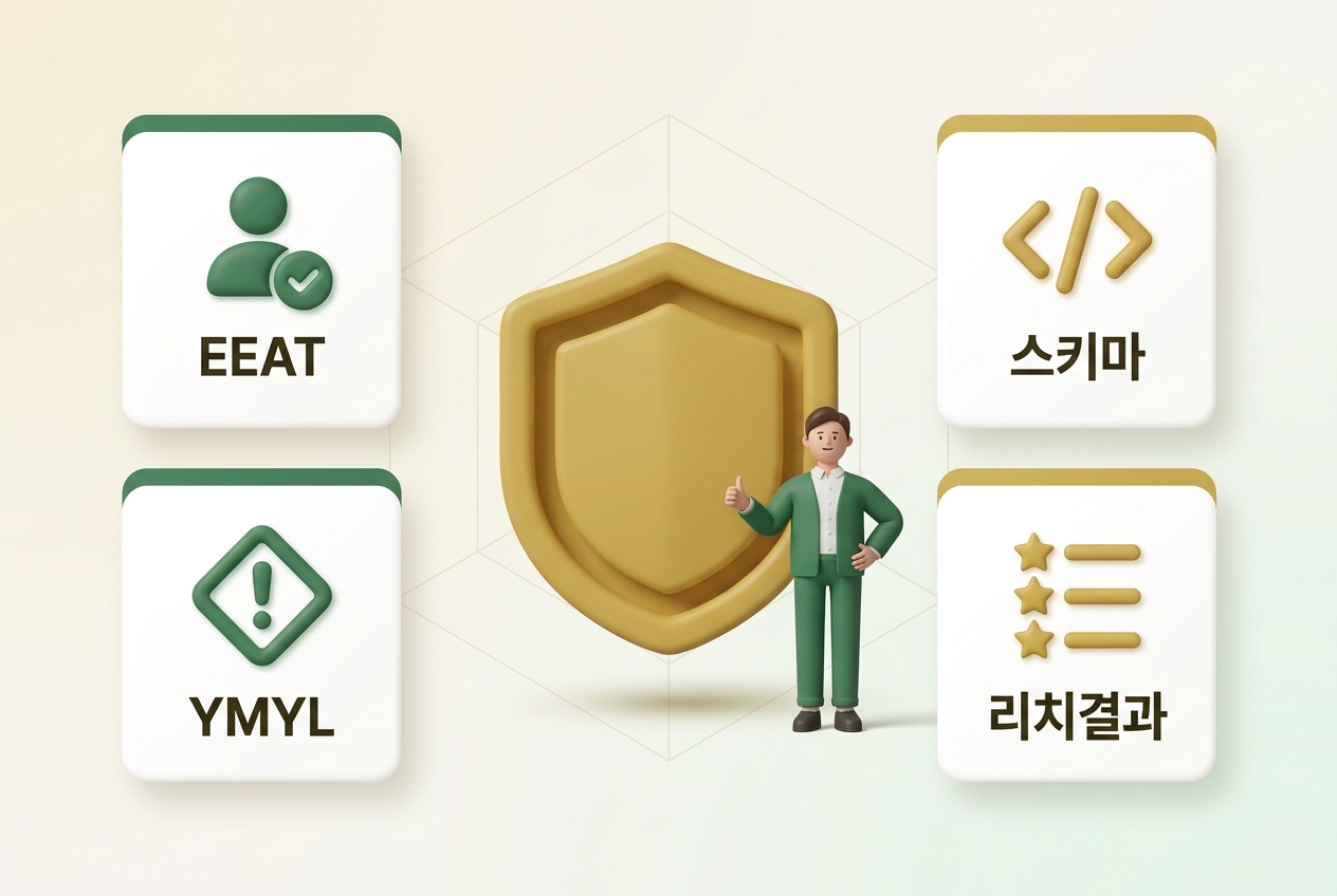 GEO 기초 용어 콘텐츠 품질 신뢰도 4가지 인포그래픽. 대형 골드 방패 히어로 중심에 EEAT·YMYL·스키마·리치결과 아이콘 카드와 초록 재킷 엄지업 직장인 캐릭터 — 원플랜마케팅