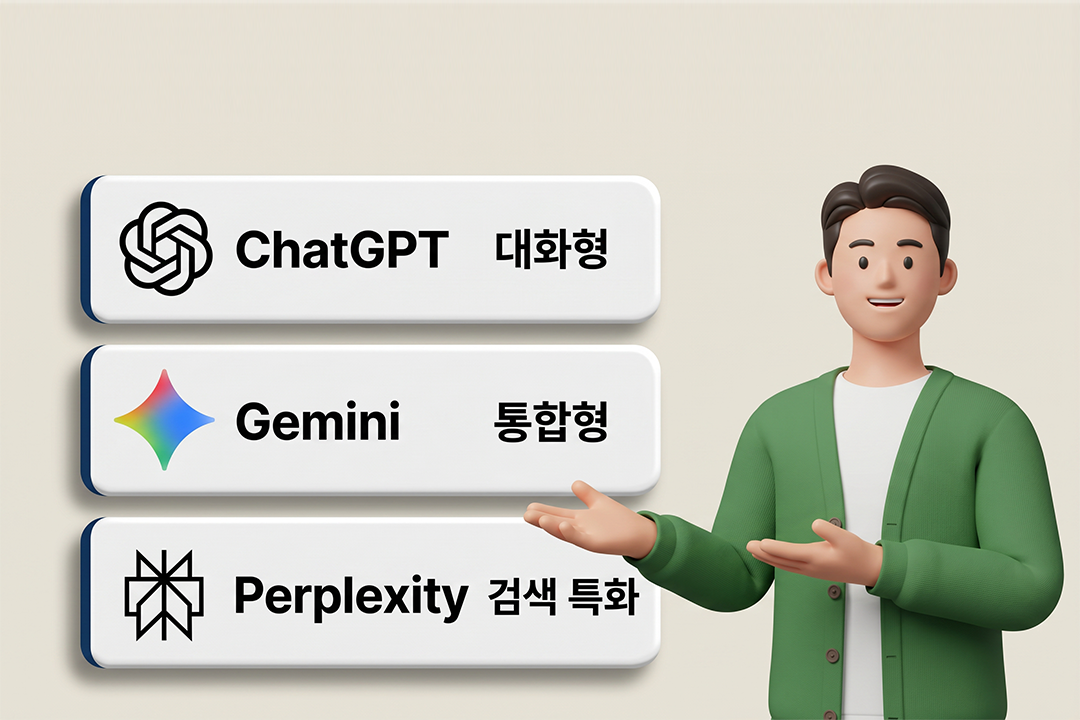 AI 검색엔진 비교 ChatGPT Gemini Perplexity 핵심 특징 인포그래픽 원플랜마케팅