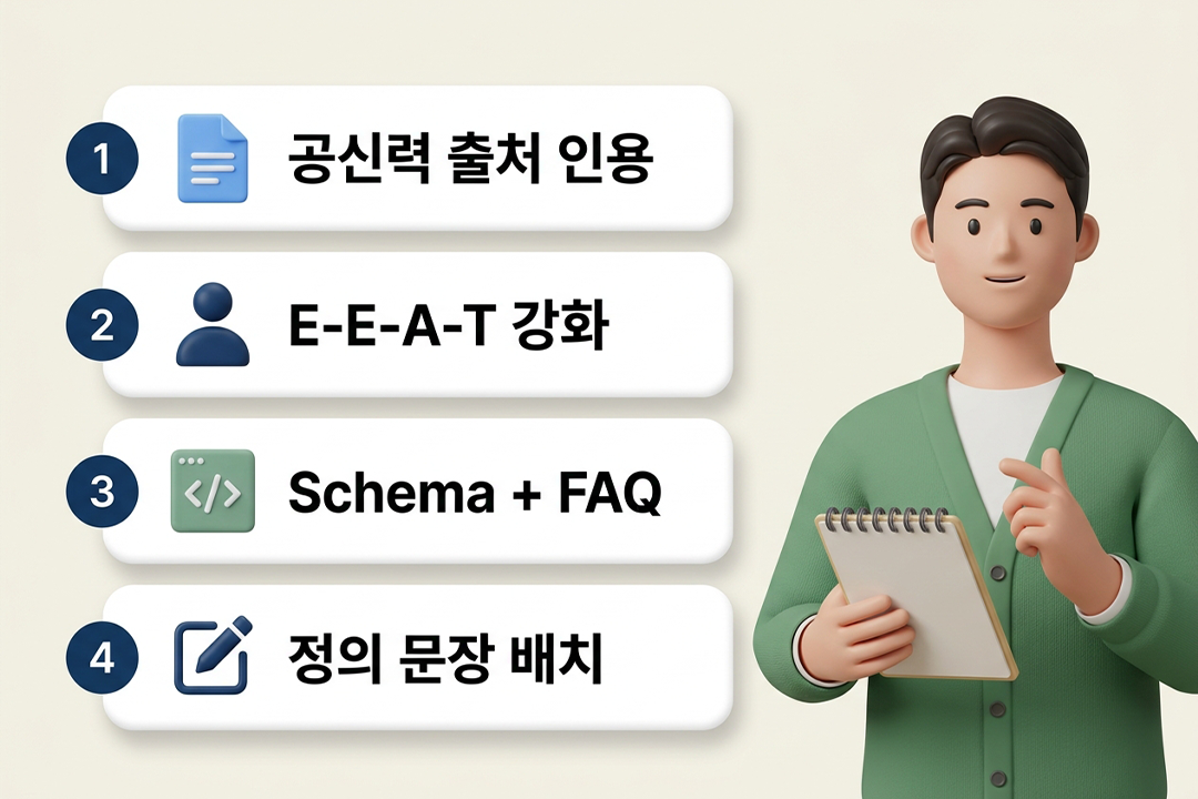 GEO 출처 신뢰도 높이는 4가지 핵심 전략 인포그래픽 원플랜마케팅