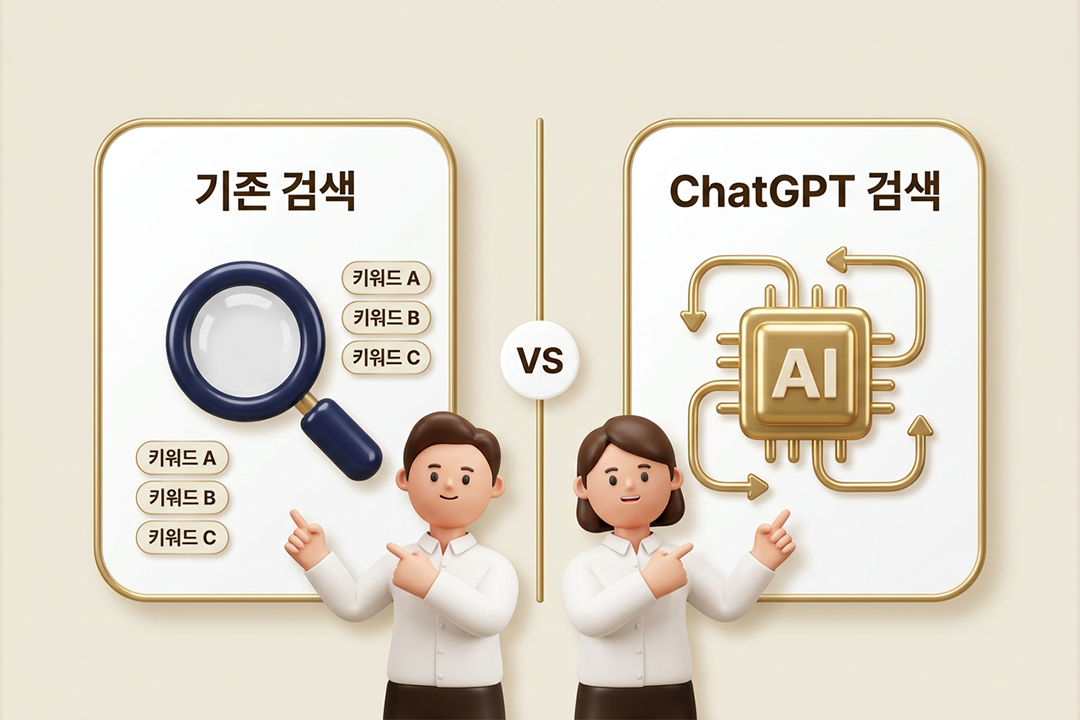 ChatGPT 검색 원리 기존 검색 엔진 차이 비교 인포그래픽 원플랜마케팅