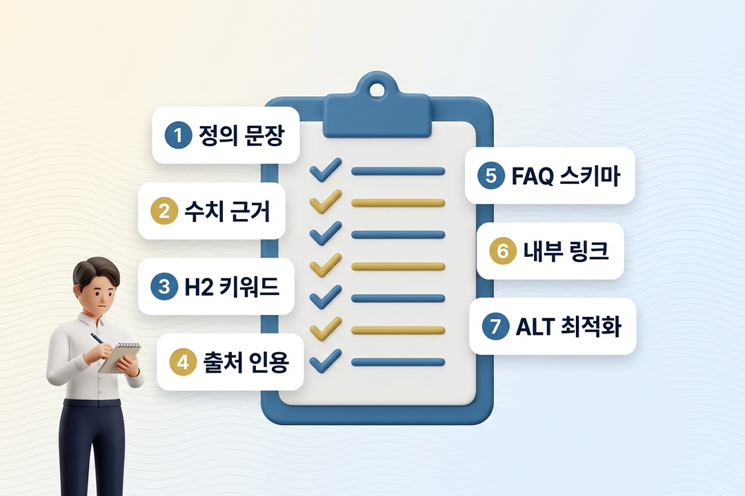 GEO 글쓰기 구조 발행 전 7가지 체크리스트 클립보드 3D 무광 인포그래픽. 아크 배치 7개 블루·골드 번호 카드와 집필 포즈·환호 포즈 직장인 캐릭터 양쪽 배치 — 원플랜마케팅