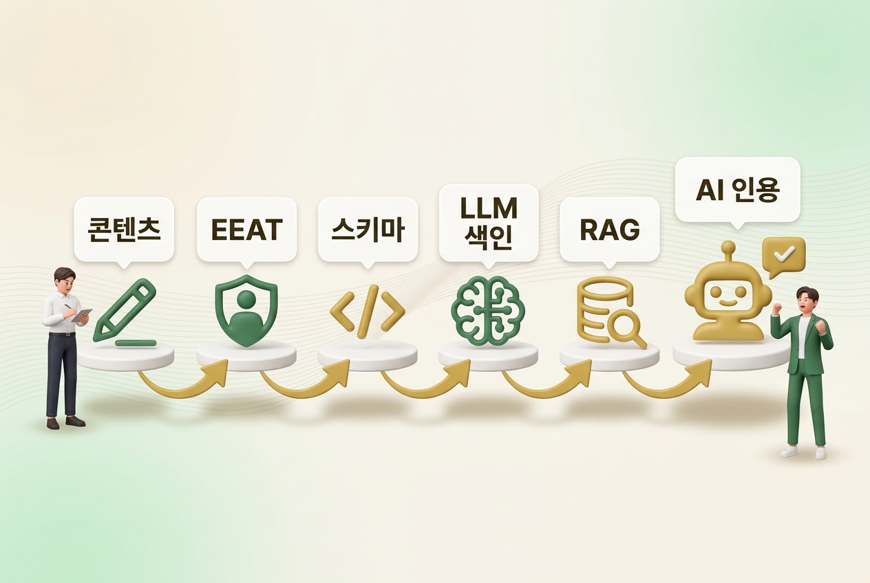 GEO 기초 용어 실전 연결 6단계 흐름도 인포그래픽. 콘텐츠·EEAT·스키마·LLM색인·RAG·AI인용 골드 곡선 화살표 연결과 양쪽 흰·초록 직장인 캐릭터 구성 — 원플랜마케팅