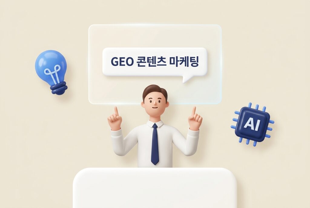 GEO 콘텐츠 마케팅 AI 마케팅 입문 썸네일 3D 인포그래픽. 홀로그램 화면 가리키는 직장인 캐릭터와 전구·AI칩 아이콘 배치 구성 — 원플랜마케팅