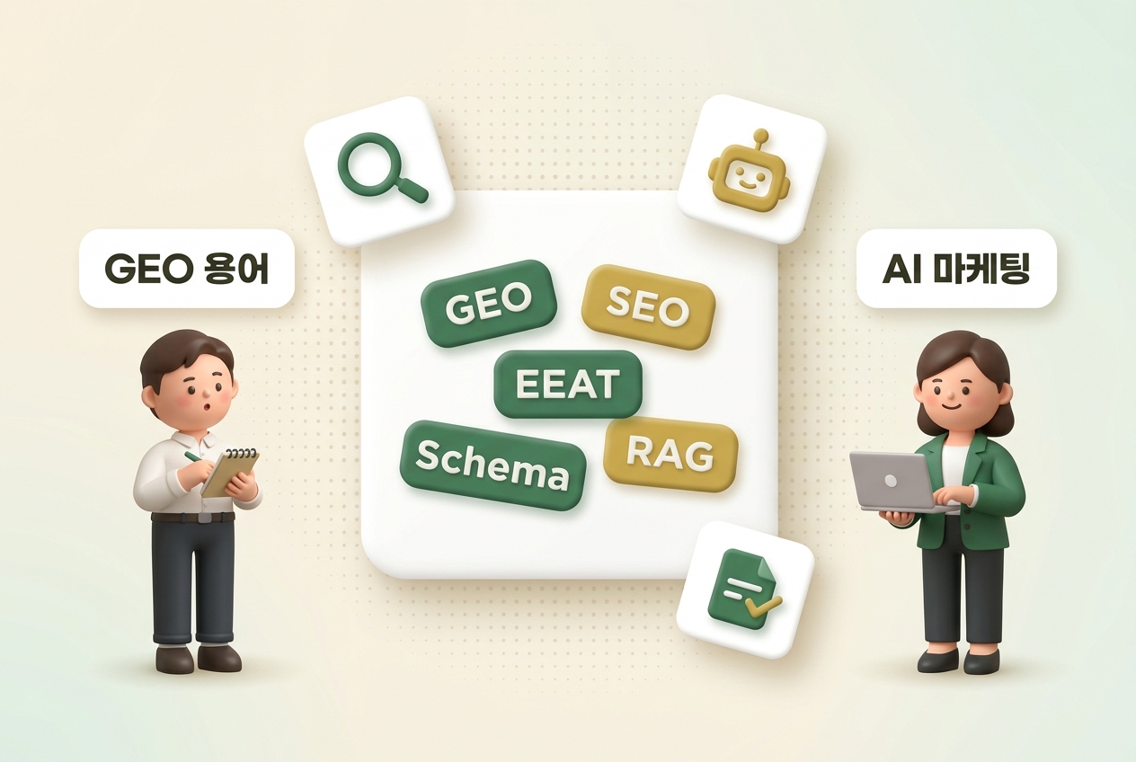 GEO 기초 용어 완전 가이드 대표 썸네일. GEO·SEO·EEAT·Schema·RAG 뱃지 카드 중심, 남녀 직장인 캐릭터와 GEO 용어·AI 마케팅 말풍선 구성 — 원플랜마케팅