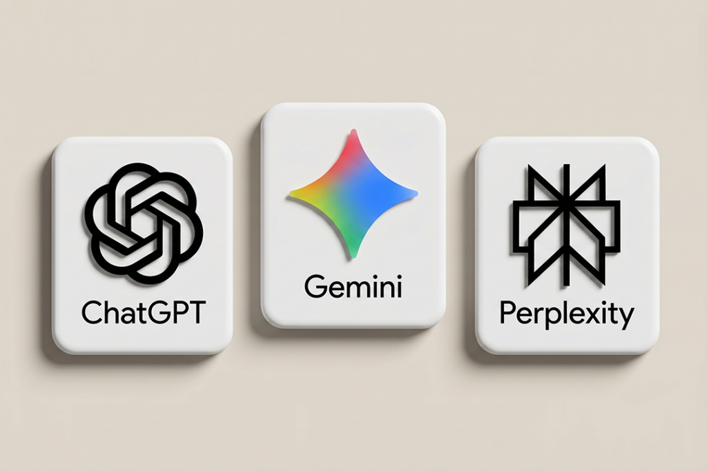 AI 검색엔진 비교 ChatGPT·Gemini·Perplexity 3D 무광 카드 일러스트. 각 브랜드 로고 카드 중앙 배치 — 원플랜마케팅