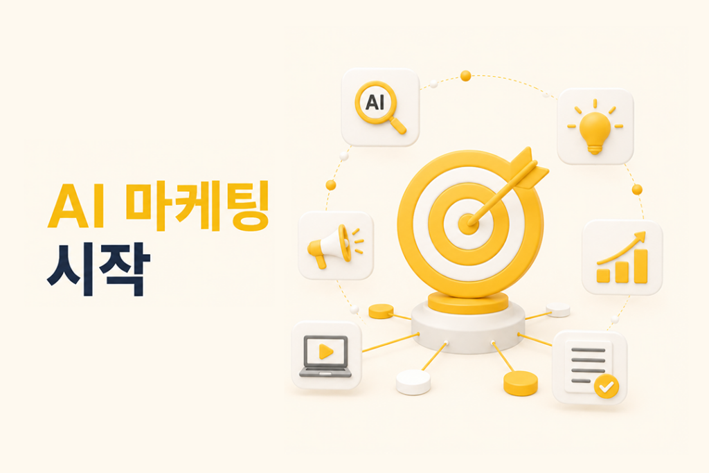 AI 마케팅 시작을 상징하는 타깃 아이콘과 AI 검색, 콘텐츠, 성과 분석 요소를 활용해 AI 마케팅의 핵심 목표와 실행 방향을 표현한 인포그래픽입니다.