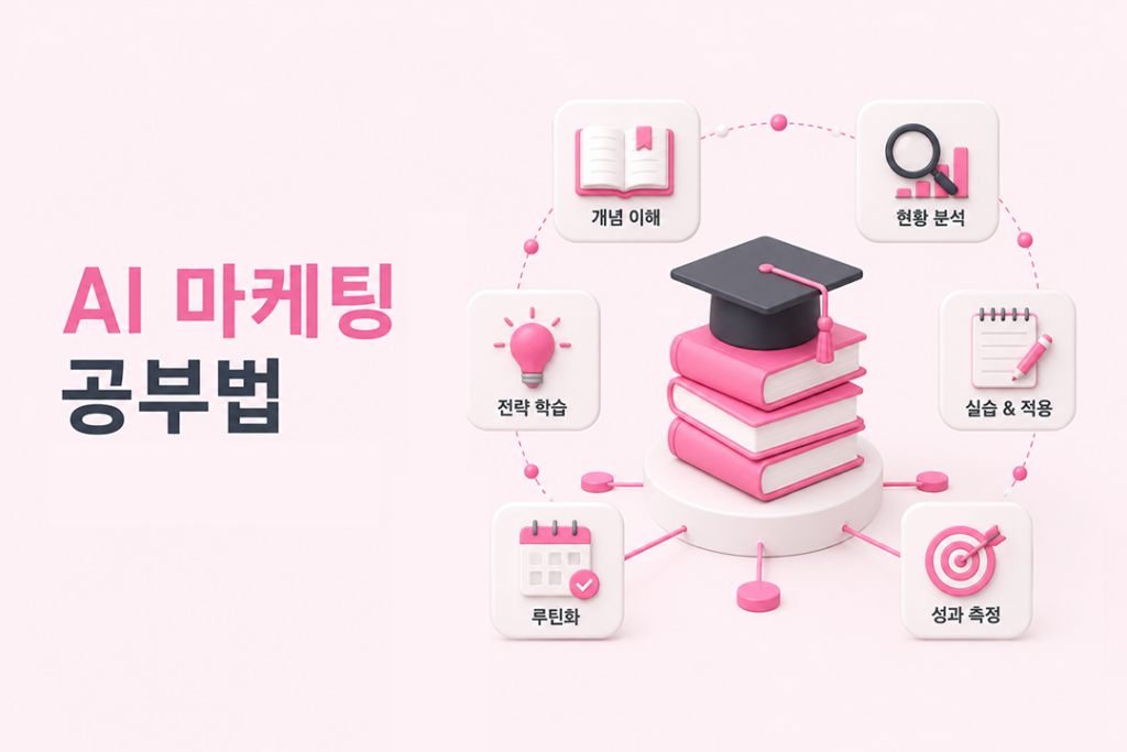 AI 마케팅 공부법의 전체 학습 흐름을 보여주는 대표 이미지로 개념 이해부터 현황 분석, 실습, 루틴화, 성과 측정까지 단계별 학습 과정을 직관적인 3D 아이콘으로 표현한 인포그래픽입니다.