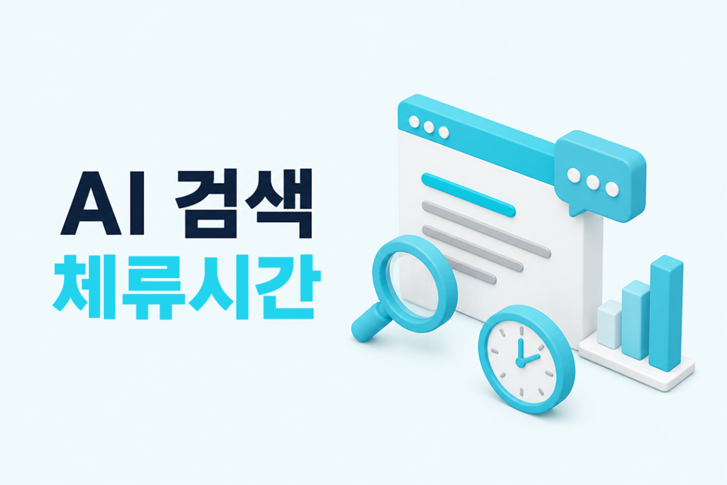 AI 검색 체류시간을 주제로 검색 결과, 콘텐츠 분석, 체류시간, 데이터 성과를 상징하는 3D 아이콘과 함께 AI 검색 유입의 사용자 체류시간 중요성을 설명하는 대표 이미지입니다.