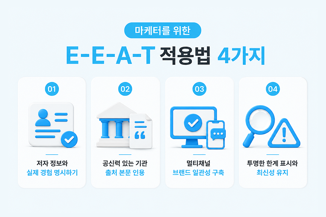E-E-A-T 적용법 마케터 실전 4가지 인포그래픽 원플랜마케팅