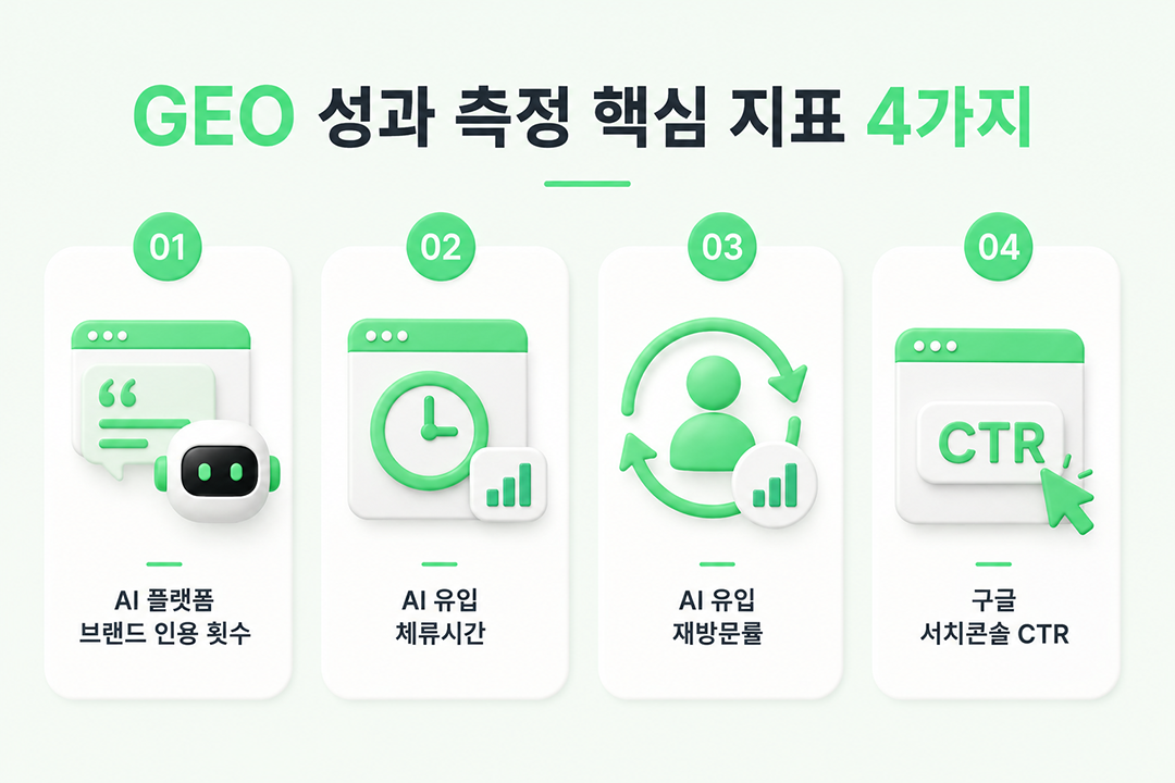 GEO 성과 측정 4가지 핵심 지표 인포그래픽 원플랜마케팅