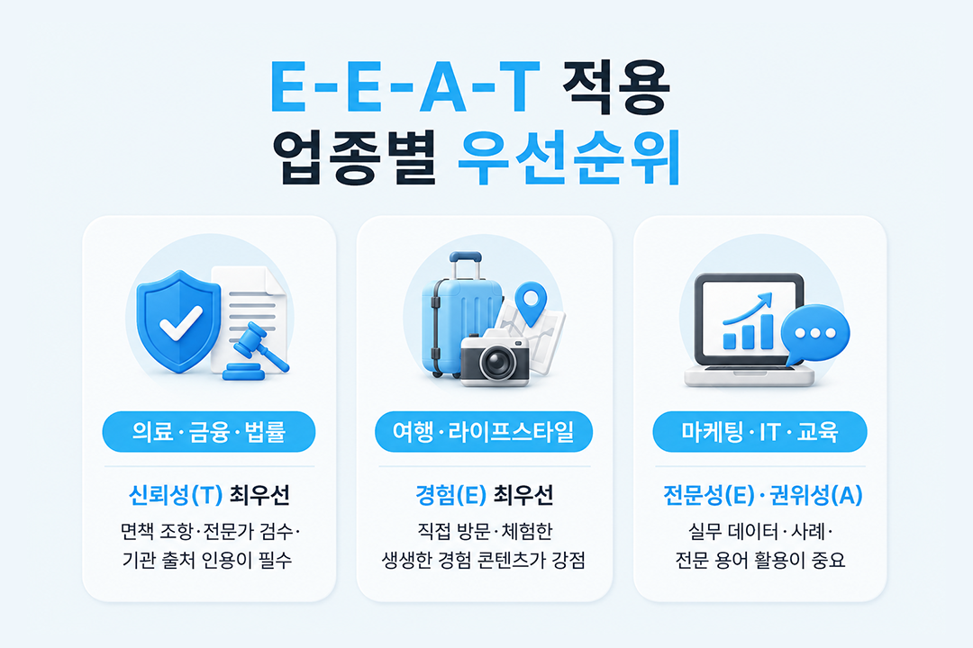 E-E-A-T 적용법 업종별 우선순위 인포그래픽 원플랜마케팅