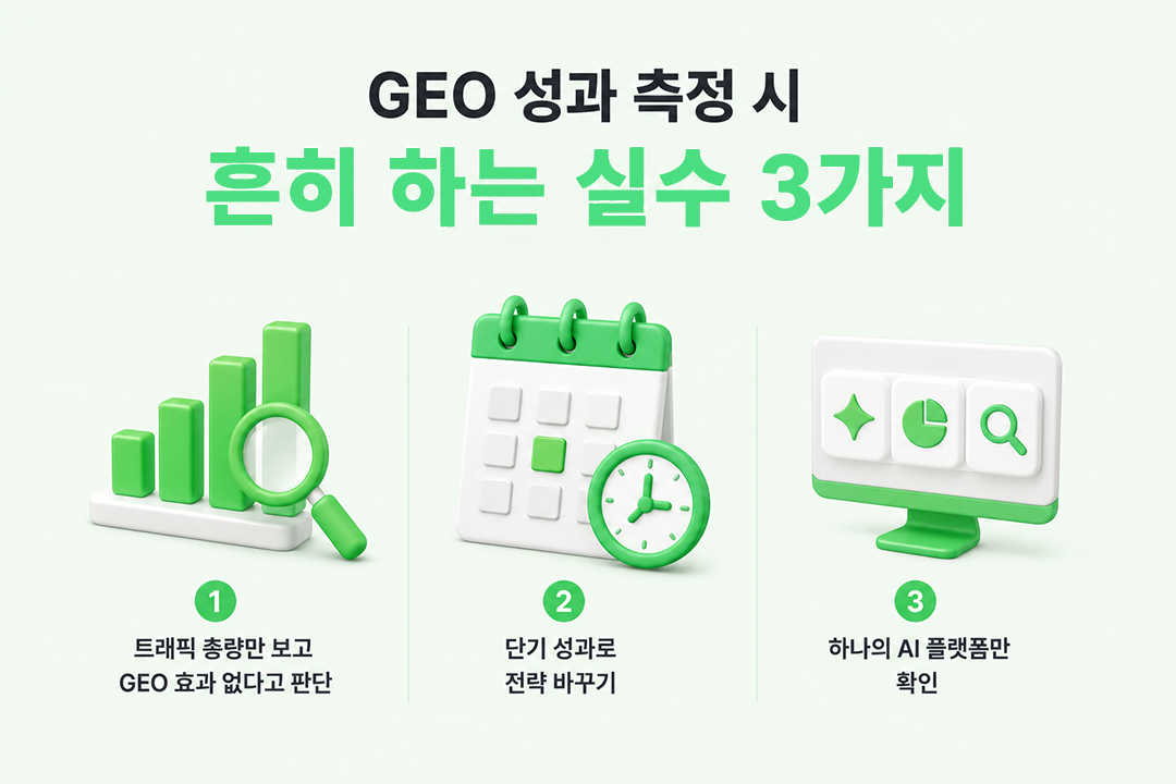 GEO 성과 측정 흔한 실수 3가지 인포그래픽 원플랜마케팅
