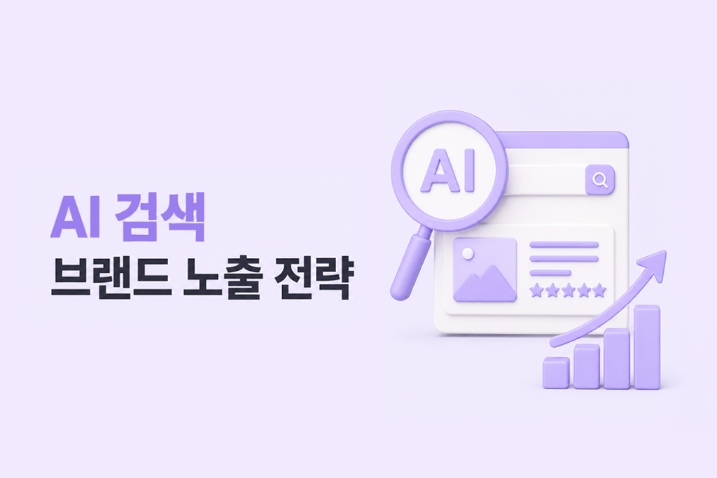 AI 검색 브랜드 노출 전략을 표현한 이미지로, AI 검색 화면과 돋보기, 브랜드 노출 상승 그래프를 시각화
