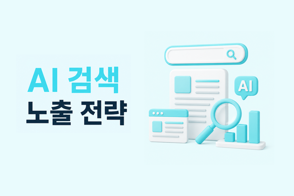AI 검색 노출 전략을 표현한 검색창, 콘텐츠, 돋보기, 데이터 분석 3D 이미지