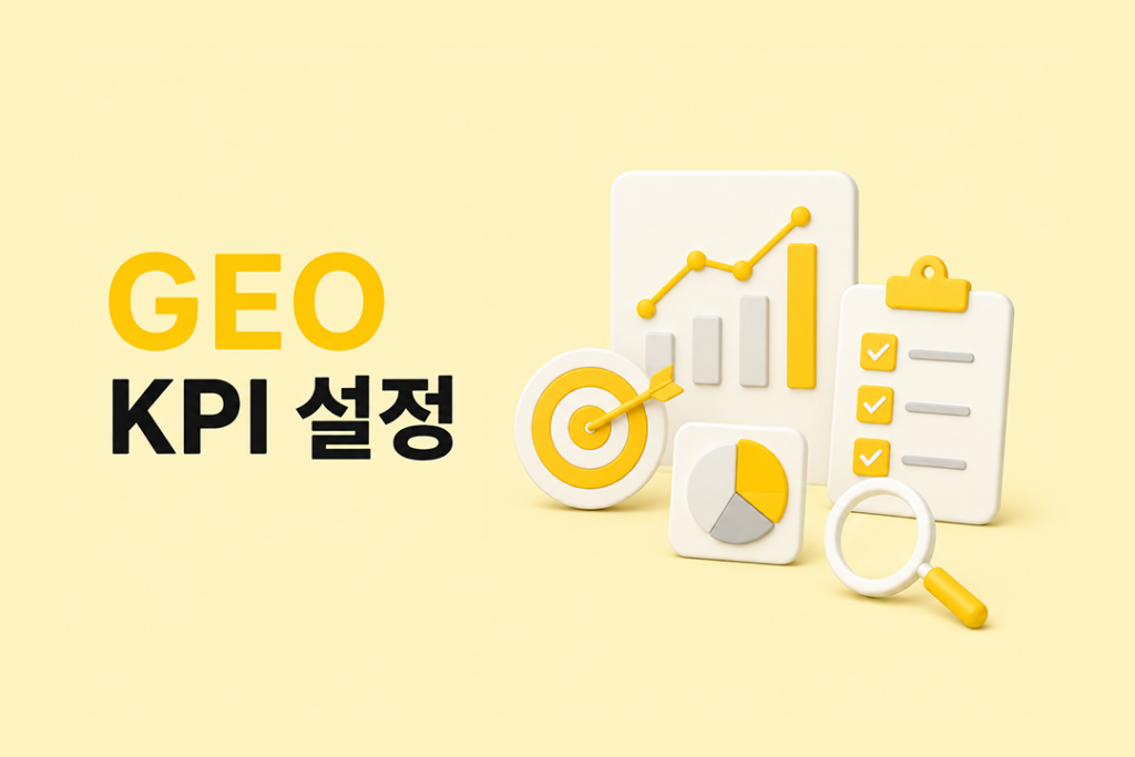 GEO KPI 설정을 목표, 성과 그래프, 체크리스트 등 데이터 측정 아이콘으로 표현한 이미지