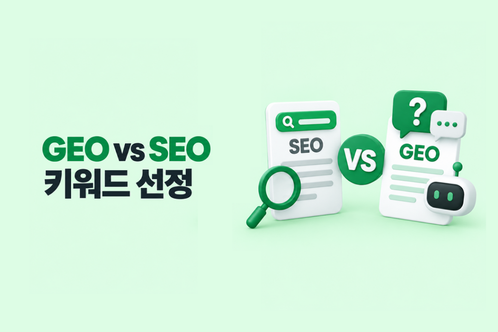 SEO와 GEO의 키워드 선정 차이를 검색 문서와 AI 질문형 콘텐츠로 비교해 표현한 이미지