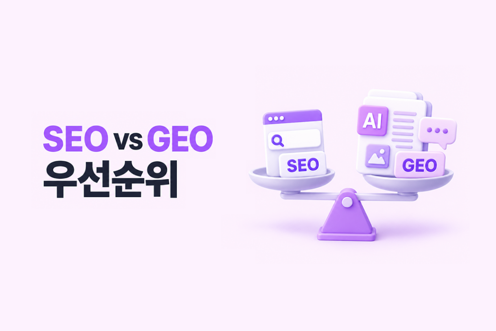 SEO와 GEO의 우선순위를 검색과 AI 콘텐츠가 놓인 저울로 표현한 이미지