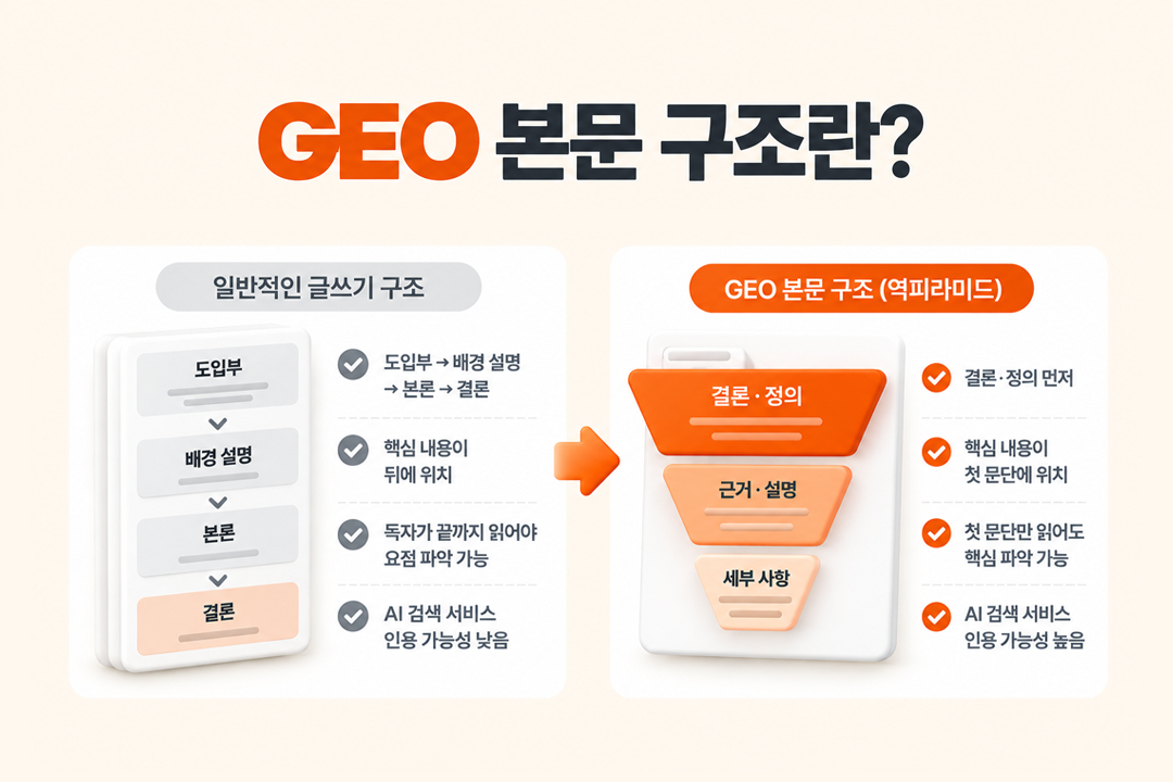 GEO 본문 구조 정의 역피라미드 개념 AI 인용 원플랜마케팅