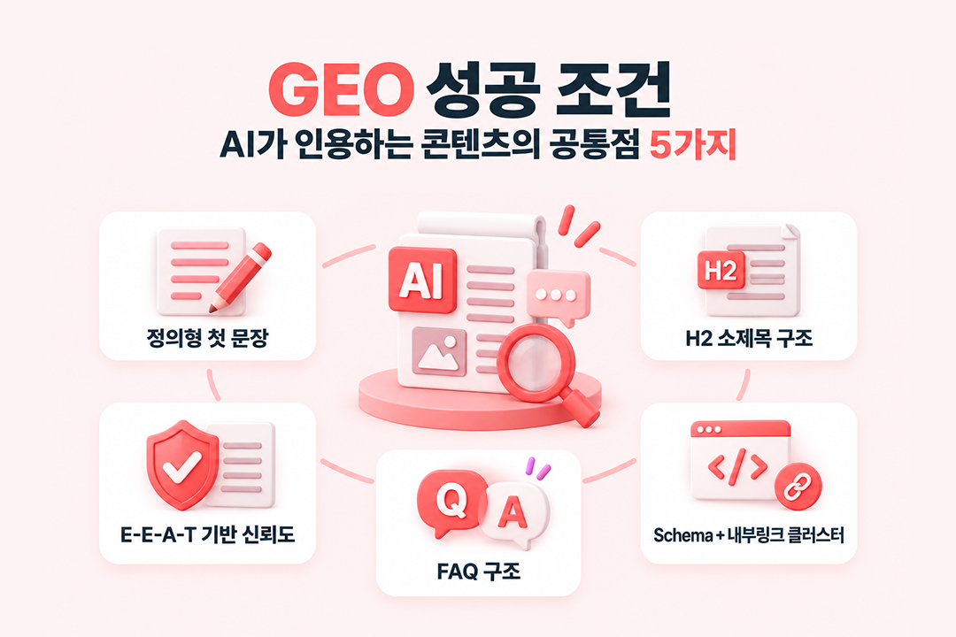 GEO 성공 조건 5가지 AI 인용 공통점 원플랜마케팅