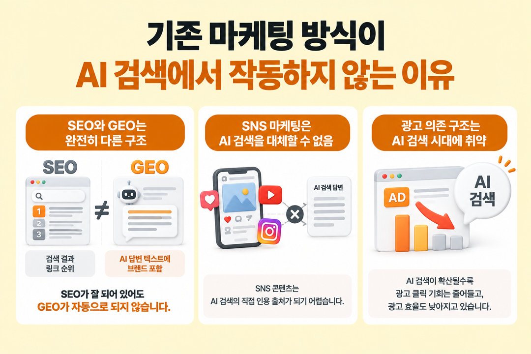 GEO 필수 이유 기존 마케팅 AI 검색 한계 원플랜마케팅