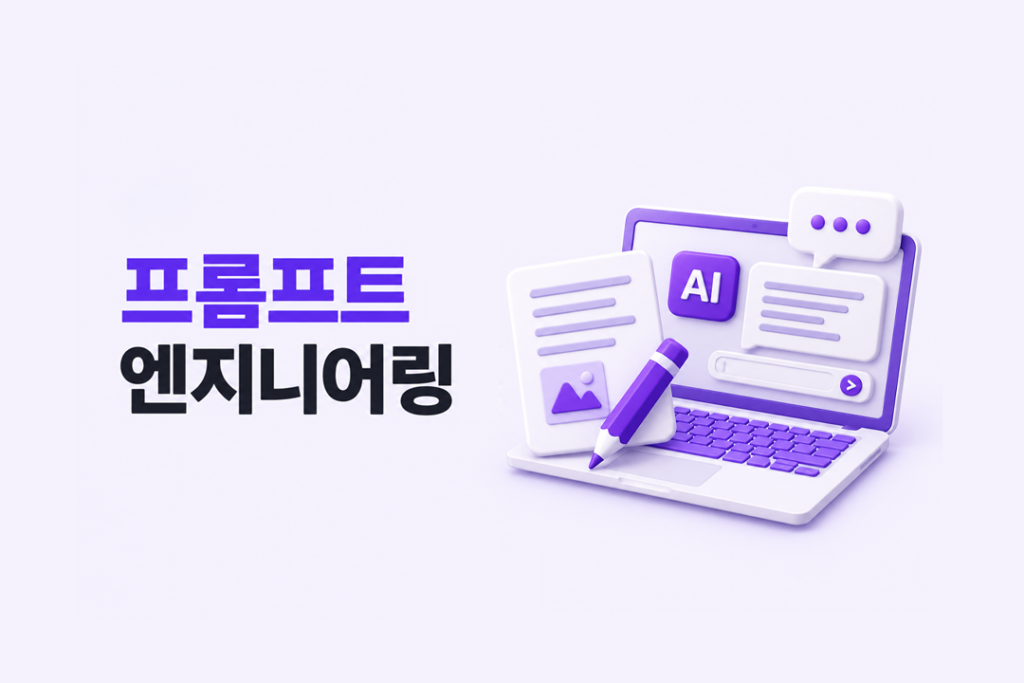 프롬프트 엔지니어링을 표현한 이미지로, AI 대화창이 표시된 노트북과 프롬프트 문서, 연필이 배치된 모습