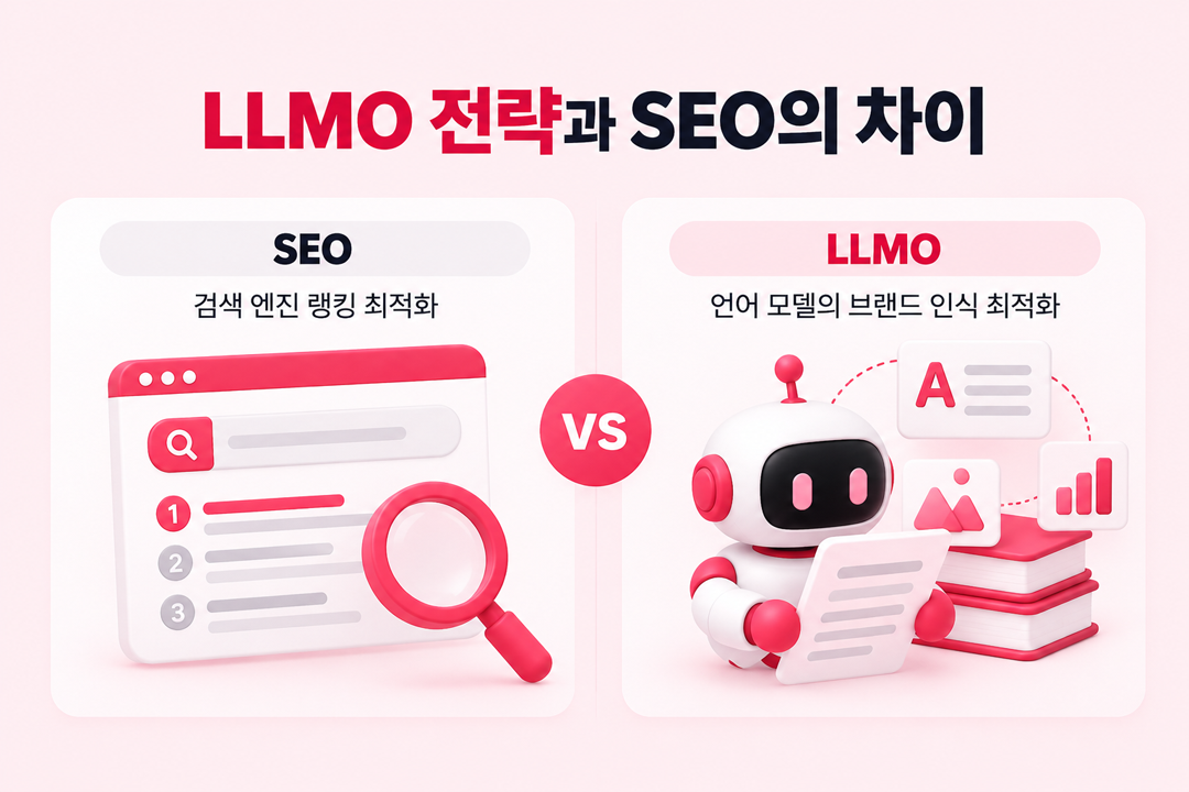 LLMO 전략과 SEO의 차이 — 검색 엔진 랭킹 최적화와 언어 모델 학습 데이터 인식의 목표 차이를 비교한 도식 인포그래픽