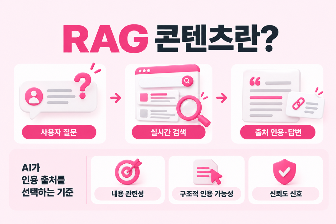 RAG 콘텐츠 개념 Retrieval-Augmented Generation AI 실시간 검색 인용 방식 원플랜마케팅 GEO